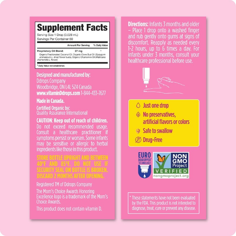 Ddrops Organic Baby Teething Liquid Drops, for Ages 3 Months+, 60 Drops, 0.06 fl oz (1.7 ml) - Image 3